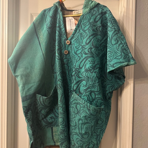 Kantha Bae Jackets & Blazers - Kantha bae peace and love Hooded Poncho with Button Detail